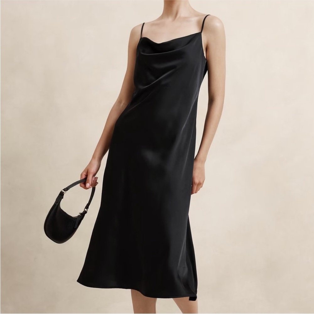 NWT! Banana Republic Black Satin Cowl Neck Midi Slip Dress